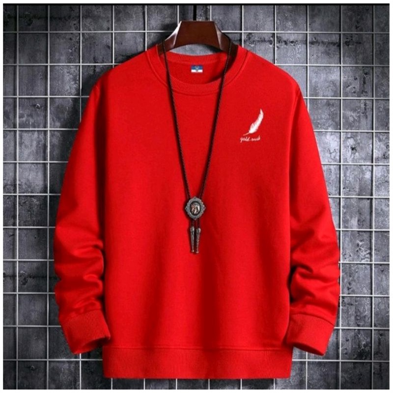 sweater crewneck pria GOOD termurah /bahan fleece  lembut dan tebal-Merah