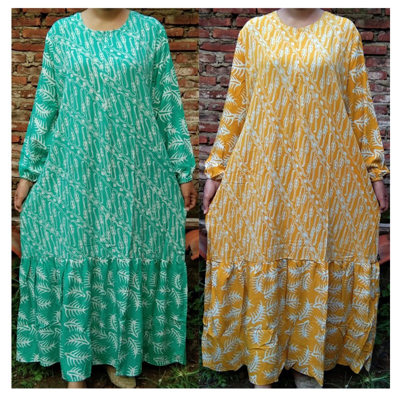 DRESS GAMIS BATIK MODERN BAJU NIKAHAN ALL SIZE LD 115 CM MOTIF MERAK KATUN CAP PEKALONGAN