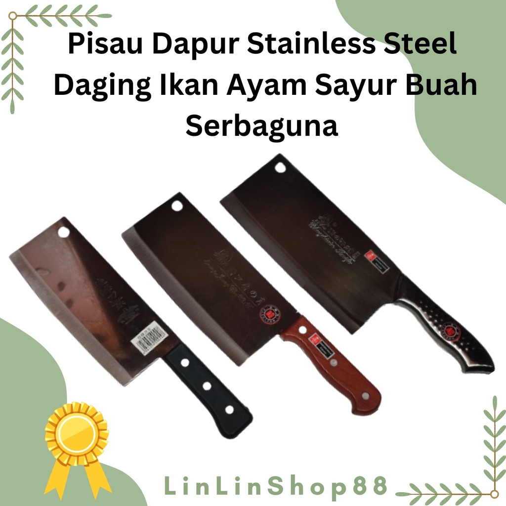 Pisau Dapur Stainless Steel Daging Ikan Ayam Sayur Buah Serbaguna Gagang Kayu