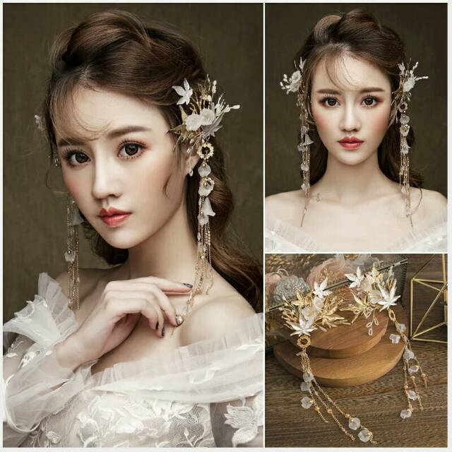 Gold maple tassel hair clip (1 pasang)