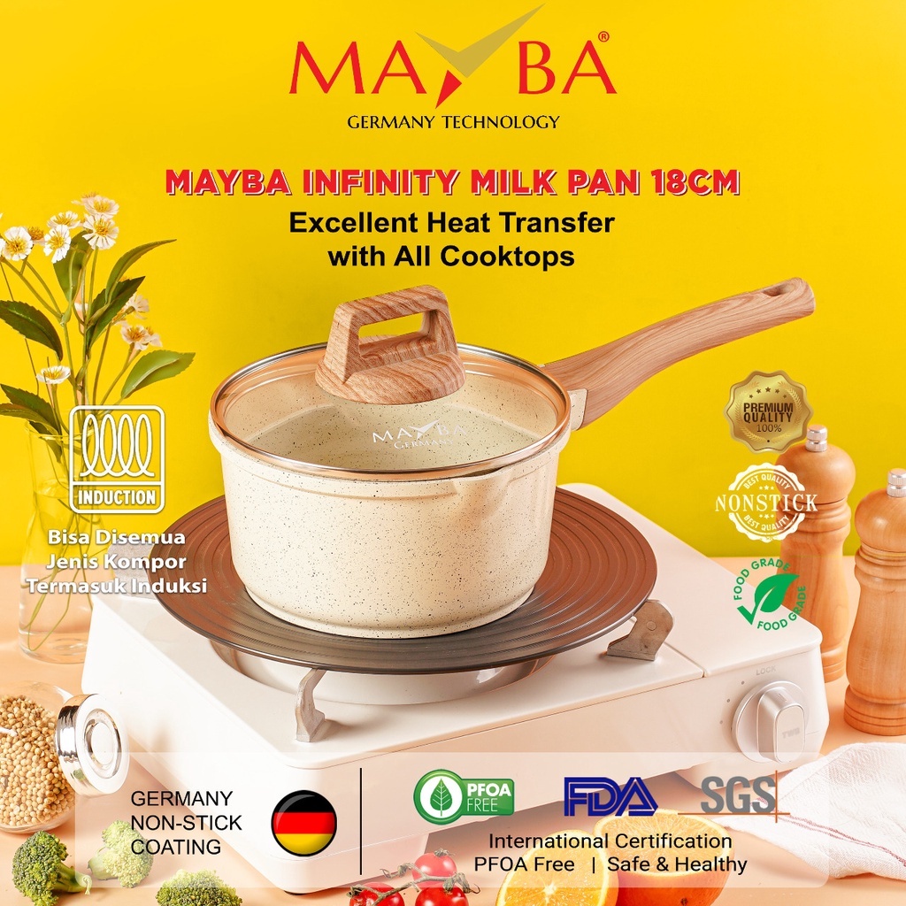 Panci Susu MAYBA Keramik Ceramic Milk Pot Mayba - PANCI SAUCE PAN INFINITY MAYBA GERMAN 18 CM Panci Susu Milkpan Set tutup kaca anti lengket Glowing granite Jerman