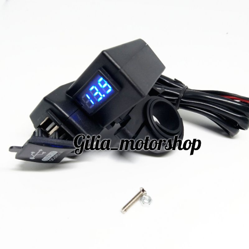 Voltmeter Digital Plus USB Charger Hp Motor Voltmeter Digital Charger 2 Socket USB Charger Hp Stang  Nyala Biru