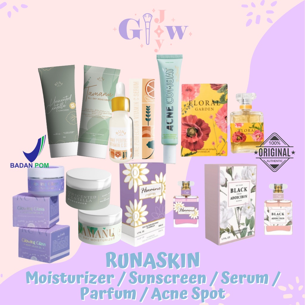 B67-B76 FREE MASKER RUNASKIN tamanu all day moisturizer / unscented centella sunscreen / glowing glass pelembab / parfum black addiction, floral, heroine / acne combat - mini size tube jar kecil besar bpom runa skin obat totol mencerahkan bekas jerawat