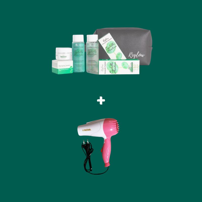 Paket Cream Skincare Kit Acne Pemutih Pria Wanita BPOM Reglow Glowing Skincare Routine-1 Paket + Hairdryer