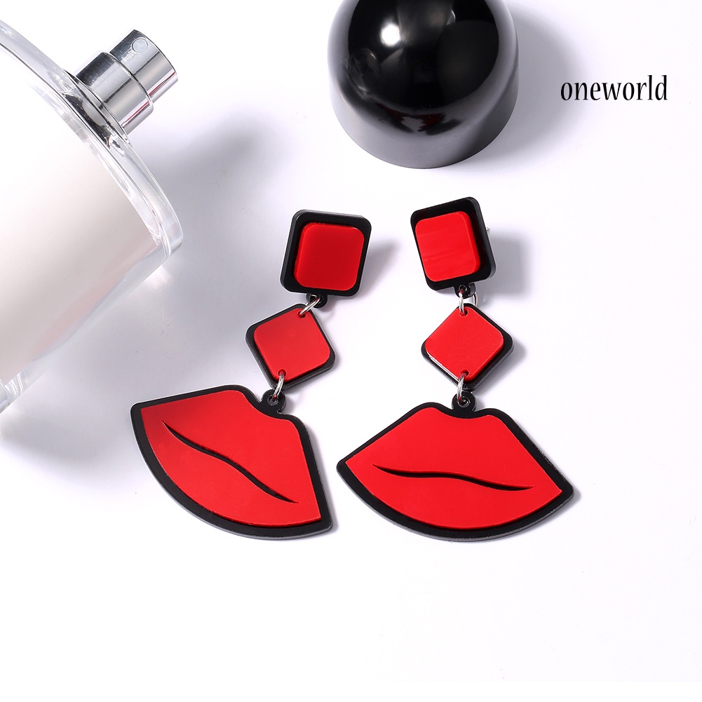 OW@ Women Vintage Red Lips Shape Pendant Dangle Stud Earrings Celebrity Jewelry