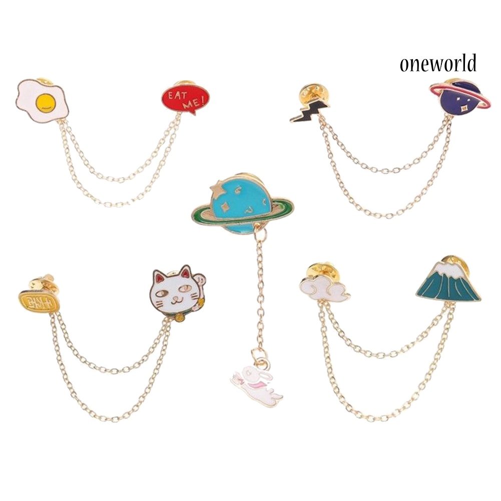 OW@ Cute Cartoon Egg Cat Planet Rabbit Chain Brooch Pin Denim Jacket Collar Badge