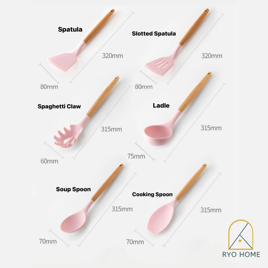 [ RYO ] KAI Peralatan Masak Bahan Silikon Dengan Gagang Kayu  / Slotted Spatula Set Silicone / Kitchen tools / Alat masak / Perlengkapan Dapur / Penjepit Makanan / Tongs / Pengocok Telur / Whisk / Kuas / Brush / Silica Gel Food Grade-5