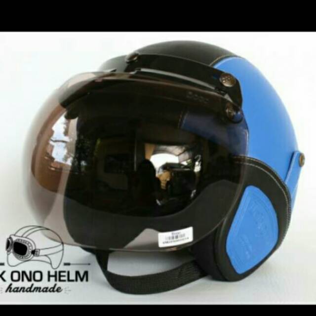 HELM BOGO RETRO KULIT CLASSIC BIRU TUA HITAM + KACA BOGO ORI