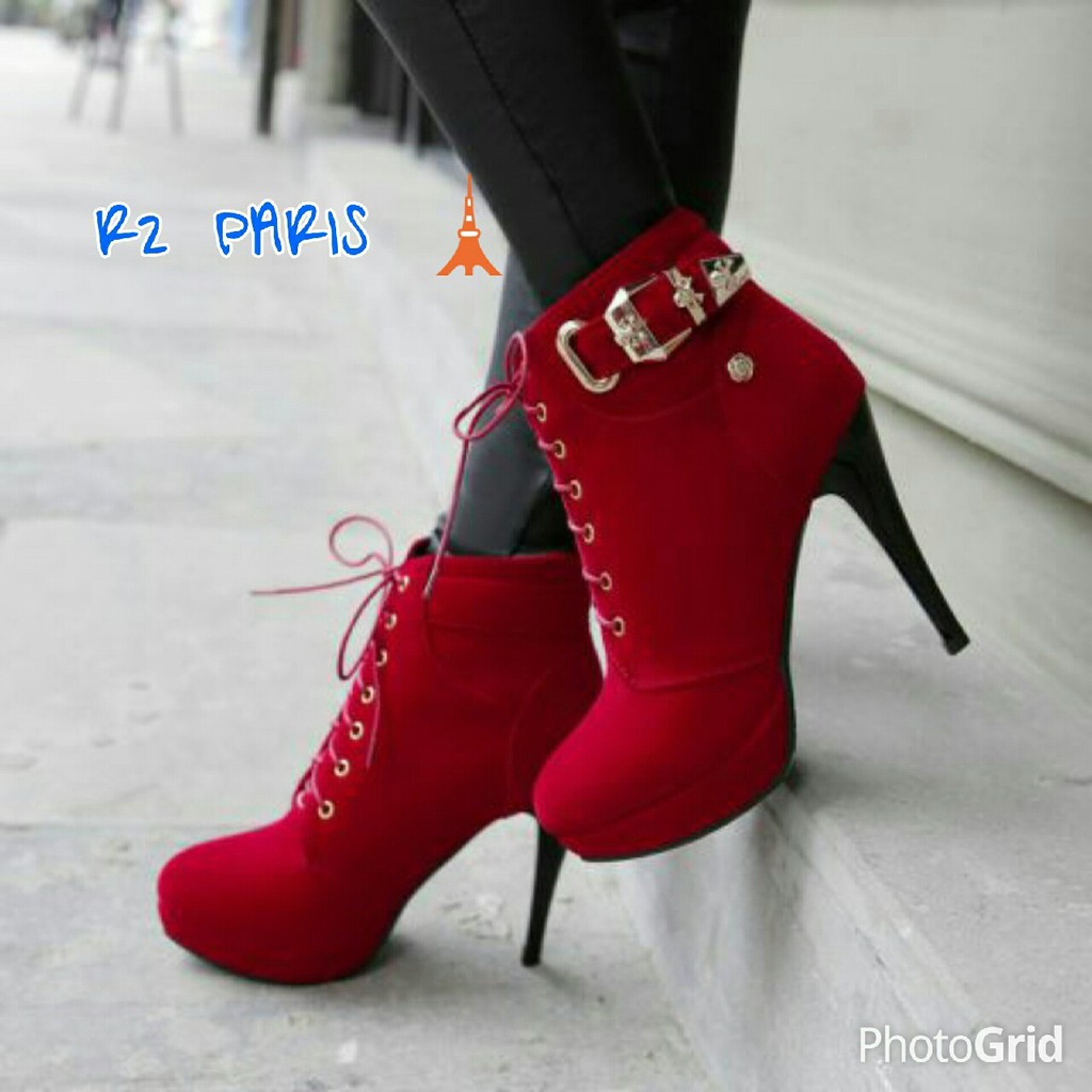 High Heels Boots Alina Hitam & Merah