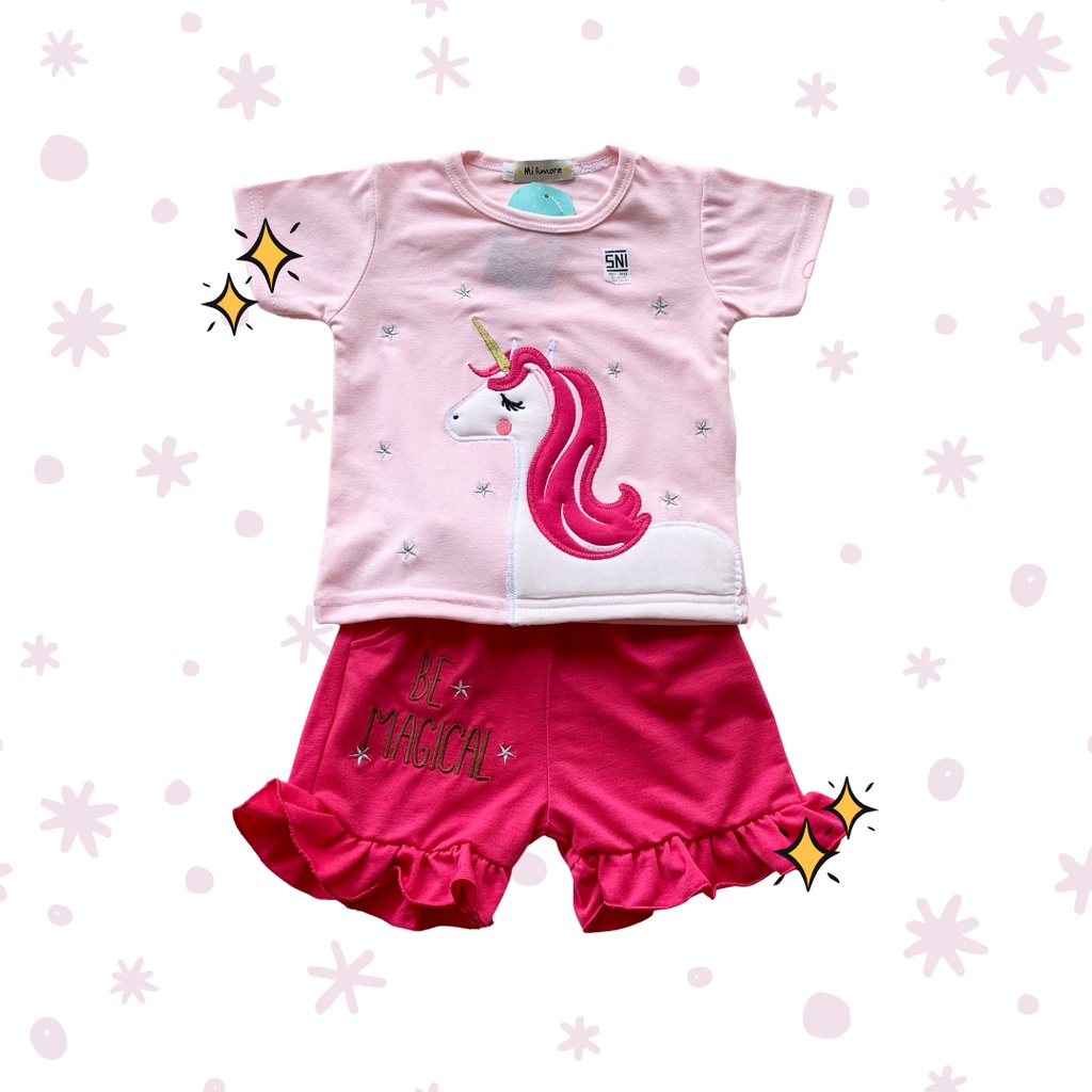 magical unicorn ruffle tee set setelan anak harian kaos celana pendek 1-3 tahun baju bayi perempuan cewek baby balita