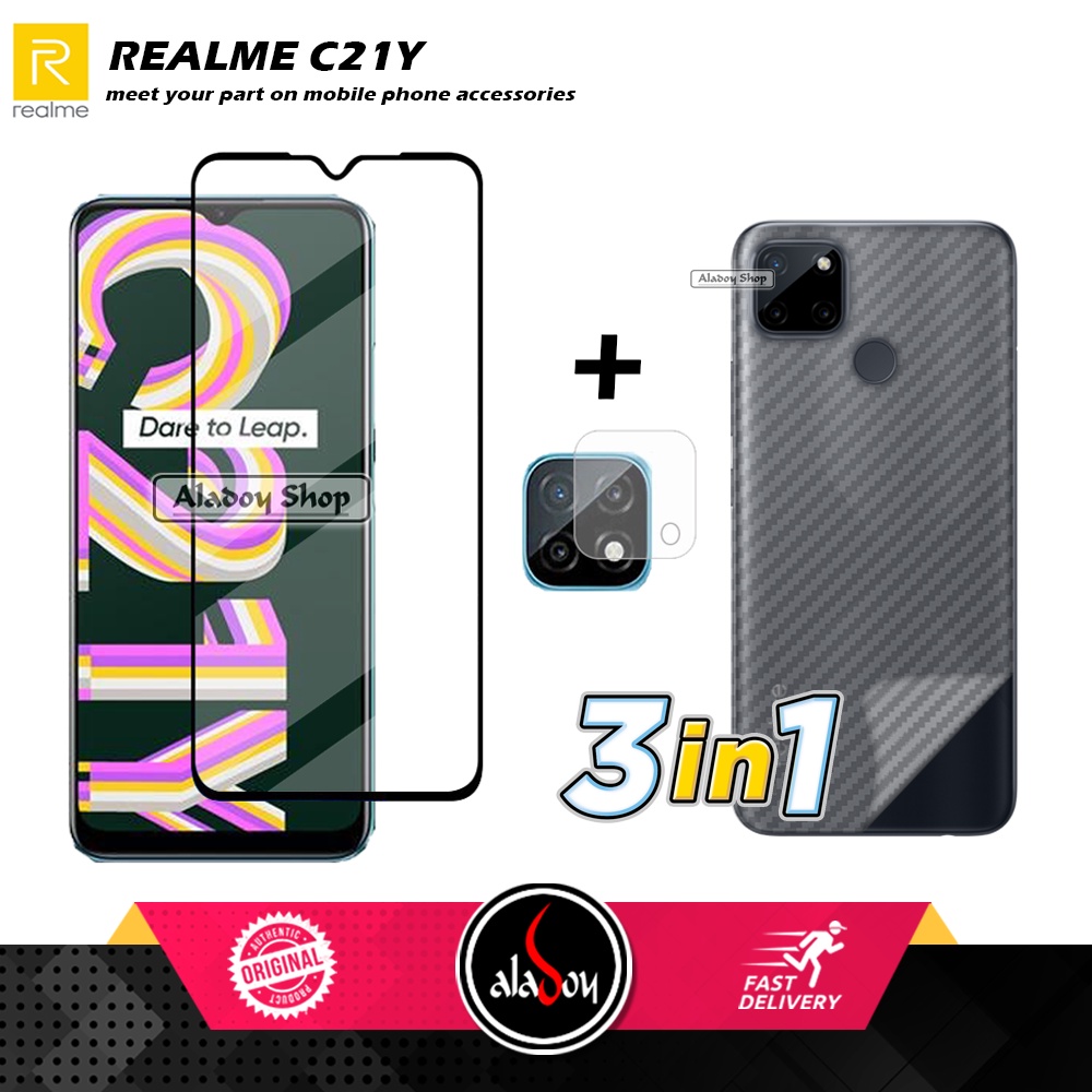 PAKET 3 IN 1 Tempered Glass Layar Realme C21Y Free Tempered Glass Camera dan Skin Carbon