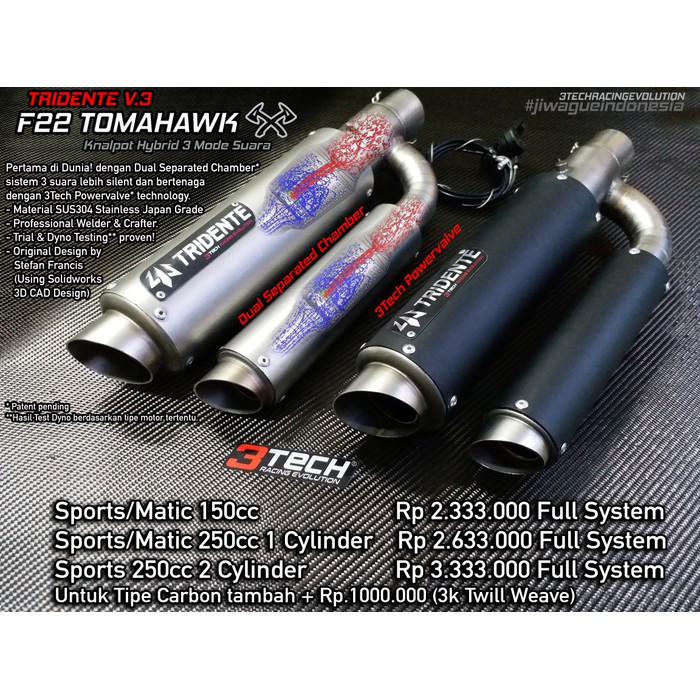 Tech33 Knalpot Tridente F22 Tomahawk 250cc 2 Cylinder Fullsystem SS 304
