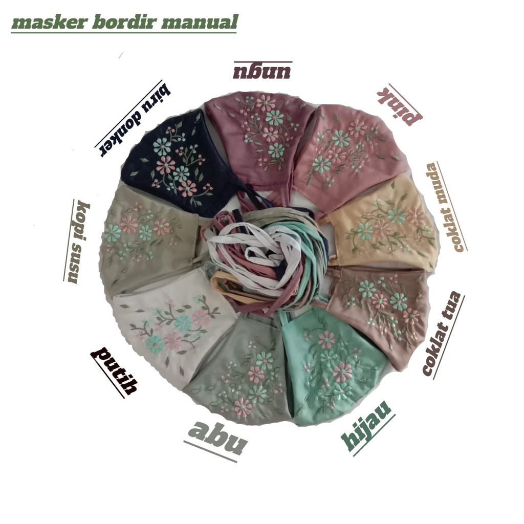 Masker Kain Bordir Manual Melati Bahan Katun. Masker Hijab. Masker Headloop. Masker Tali Kepala