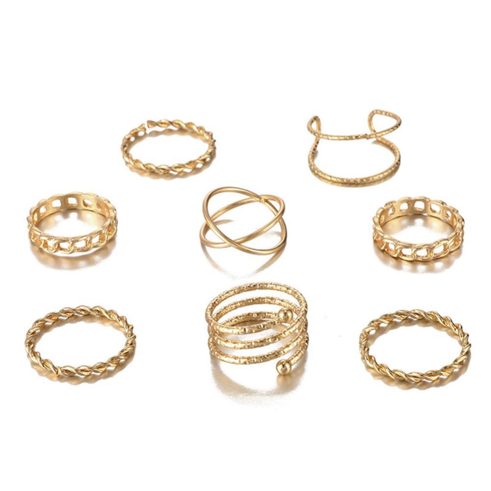 Timekey 8PCS / Set Cincin Vintage Desain Geometri Hollow Warna Emas Untuk Wanita / Hadiah A5K1