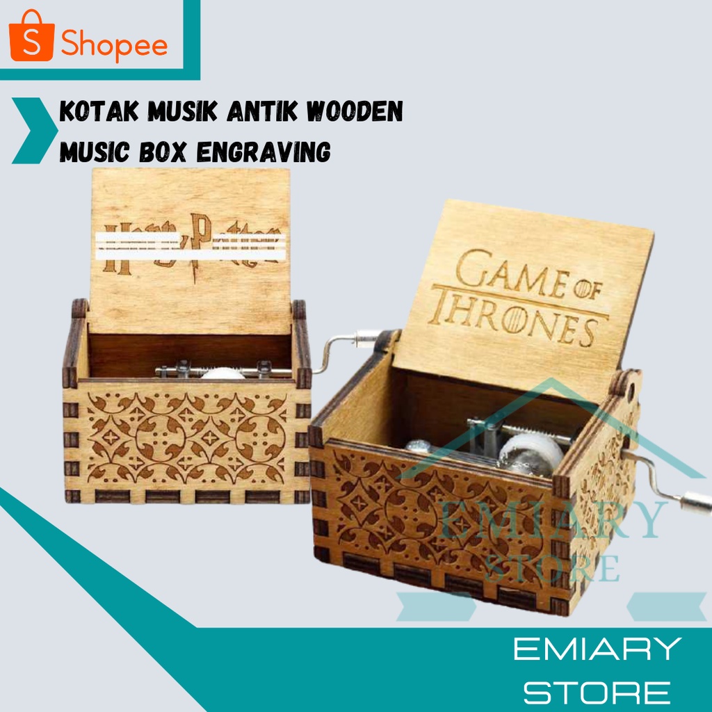 ✨ COD ✨ Kotak Musik Antik Wooden Music Box Engraving - Musical Box - Kotak Musik Engkol Tangan