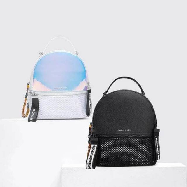 Tas original branded Cnk Charles and keith & backpack ransel black white hologram bisa selempang
