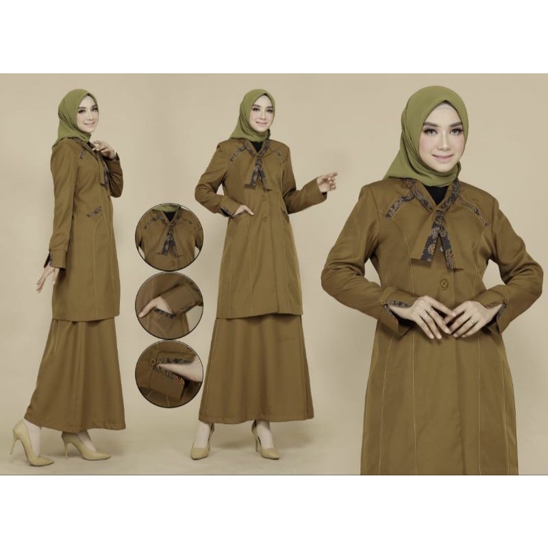 SERAGAM DINAS PEMDA / BAJU SERAGAM PE.MDA.TUNIK DASI KOMBINASI BATIK.WARNA PEMDA COKLAT SETELAN ROK A BAHAN KATUN BLAZER KODE 802.FREE HIJAB