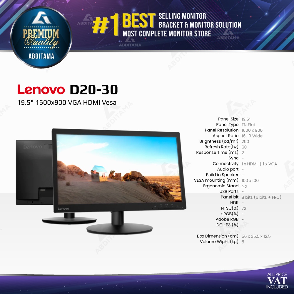 Monitor LED Lenovo D20-30 19.5&quot; 1600x900 VGA HDMI Vesa