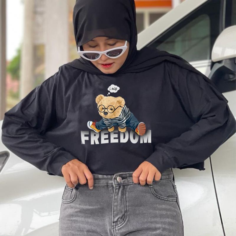 MEMOUSA crop top lengan panjang freedom bears series atasan wanita crop long sleeve