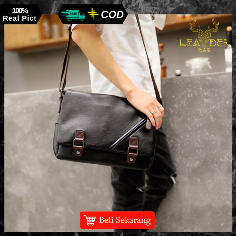 Tas Selempang Laptop Kulit Pria Terbaru 2021 Original Warna Hitam / Tas Messenger Kulit Kerja Cowok