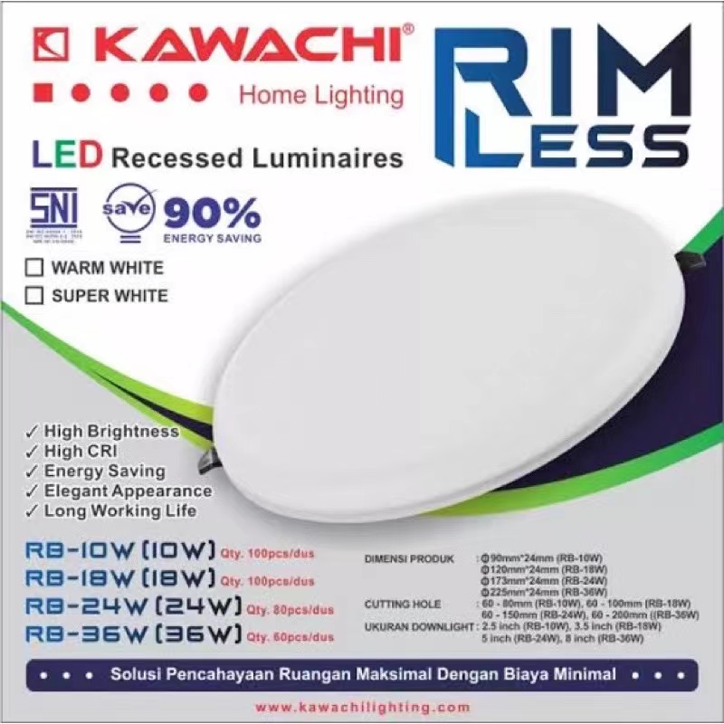 LAMPU LED PANEL DOWNLIGHT RIMLESS KAWACHI PUTIH TERANG BENTUK BULAT 10WATT 18WATT 24WATT 36WATT