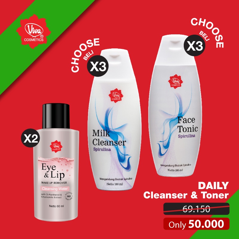 Paket 3 Milk Cleanser Face Tonic Spirulina 2 Eye &amp; Lip Make Up Remover