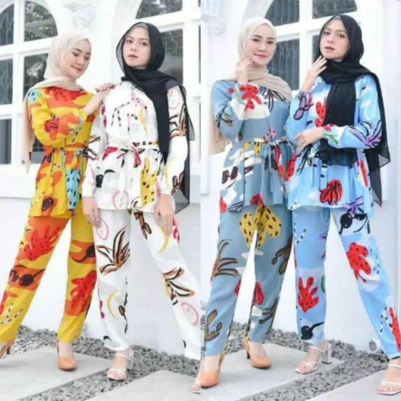 SETELAN ATASAN DAN CELANA WANITA MOTIF KAKTUS BAHAN HYGET TERMURAH