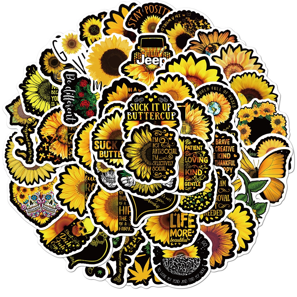 50 Pcs Pvc Waterproof Removable Fashion Sunflower Graffiti Stickers for Car Suitcase Laptop Decoration