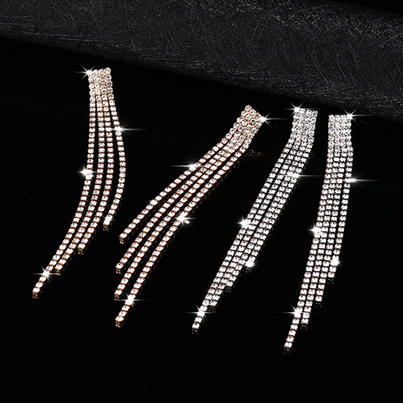 Fancyqube Anting Rumbai Panjang Hias Kristal Berlian Imitasi Untuk Wanita