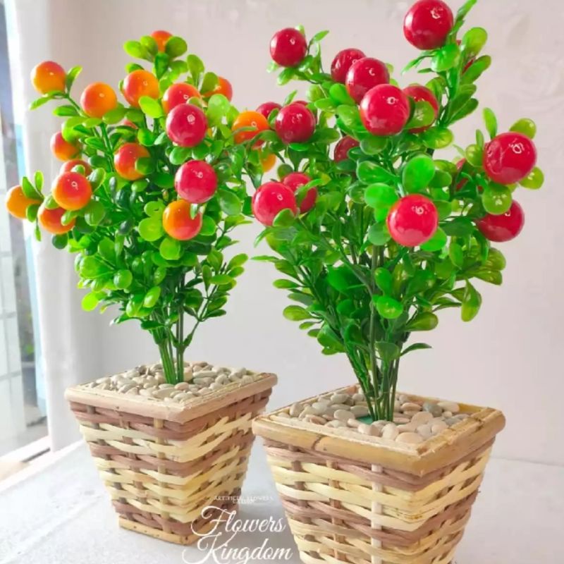 [ PROMO TERMURAH ] Tomat / Jeruk Artificial | Termasuk Pot Rottan Besar | Dekorasi Ruang Tamu | Bung