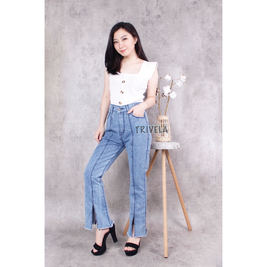 TRIVELA (FREE BELT) - Celana Jeans Wanita / Celana Jeans Wanita Cutbray Belah / Celana Jeans Boyfriend Elina Jumbo