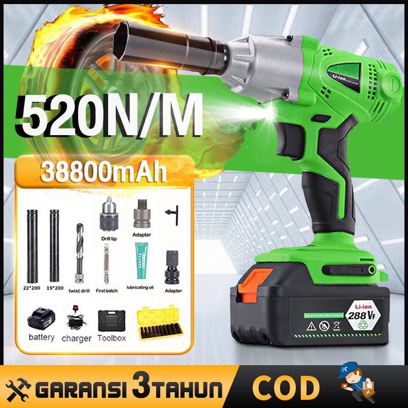 Reaim Cordless Impact Wrench 288VF Mesin Bor 2 baterai Untuk Baut Mobil bor set impak buka motor