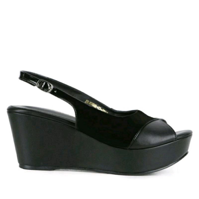 IMPOR Wedges Megan Ukuran Besar Wanita 41-42-43-44-45 Sepatu Tali Size JUMBO Gemuk Lebar Kulit Hitam Klasik Cantik, 41