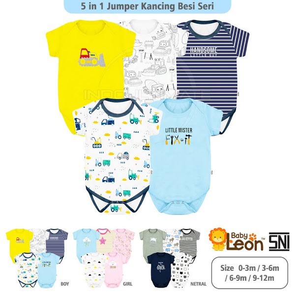Jumper Bayi 5in1 COTTON SNI BABY LEON Jumsuit Kaos Bayi Newborn Lengan Pendek Pakaian Bayi BC-01-8 Baju Bayi Lengan Pendek Motif Lucu