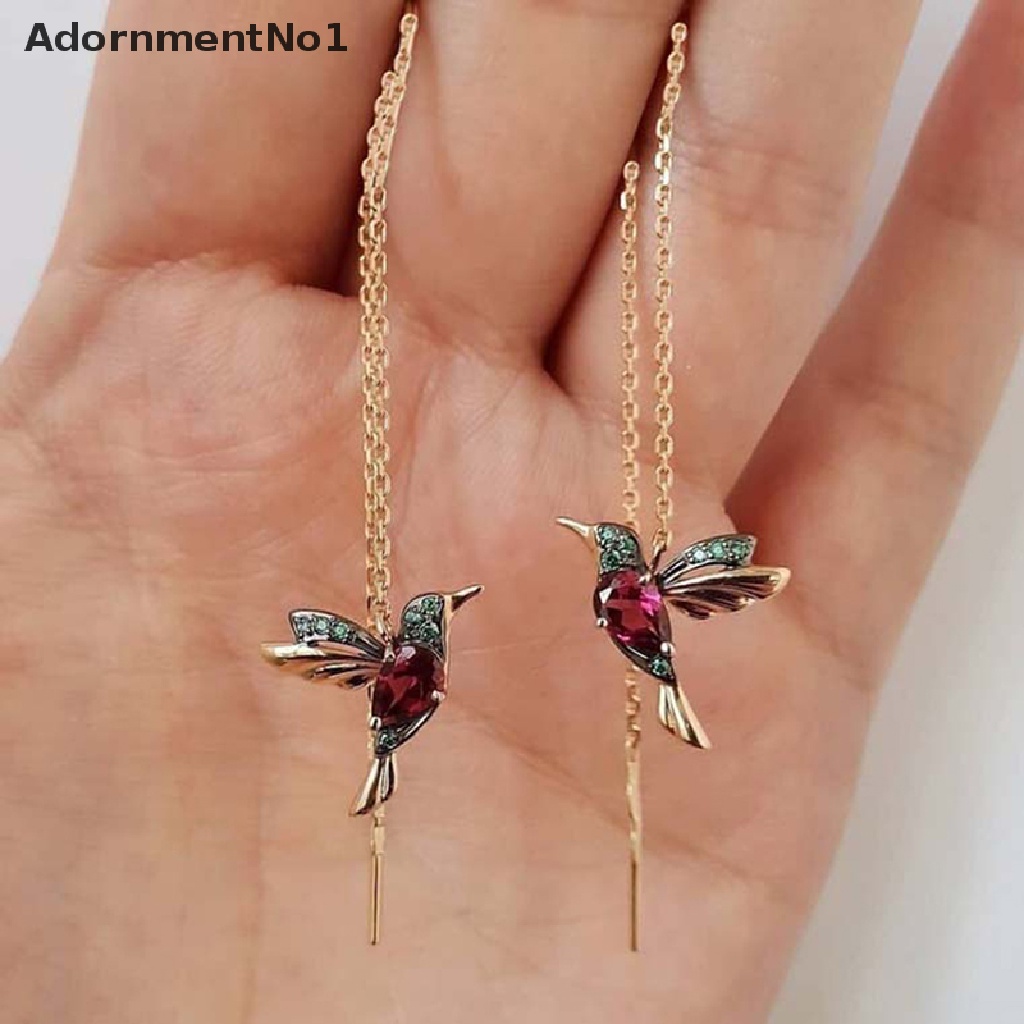 (AdornmentNo1) Anting Gantung Panjang Tusuk Motif Burung Kolibri Aksen Rumbai + Kristal Untuk Perhiasan Wanita