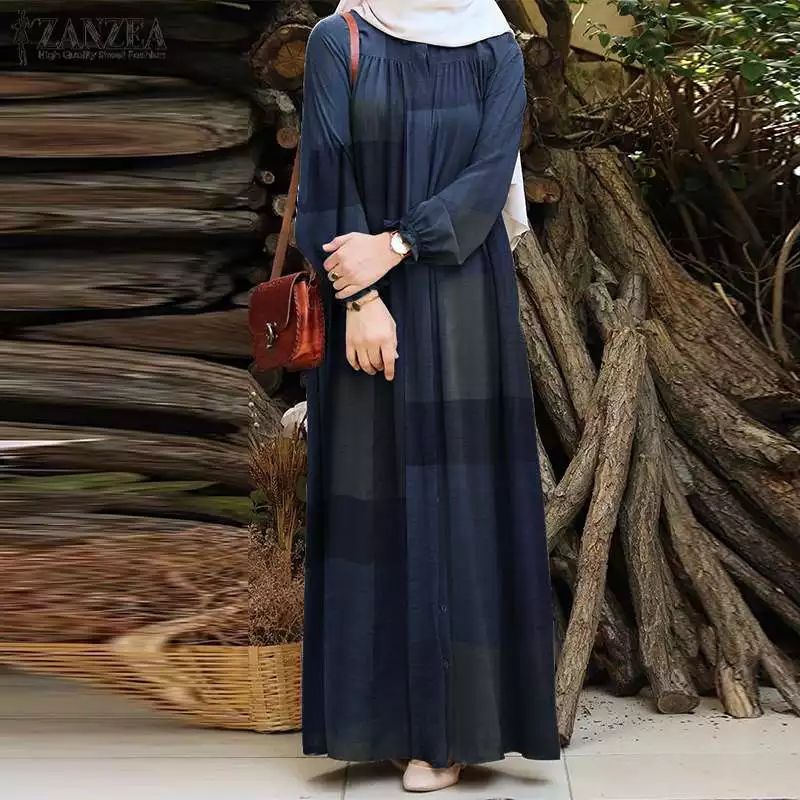 ZANZEA Gaun Maxi wanita import Casual motif kotak kotak/gamis wanita jumbo S-5XL Terbaru