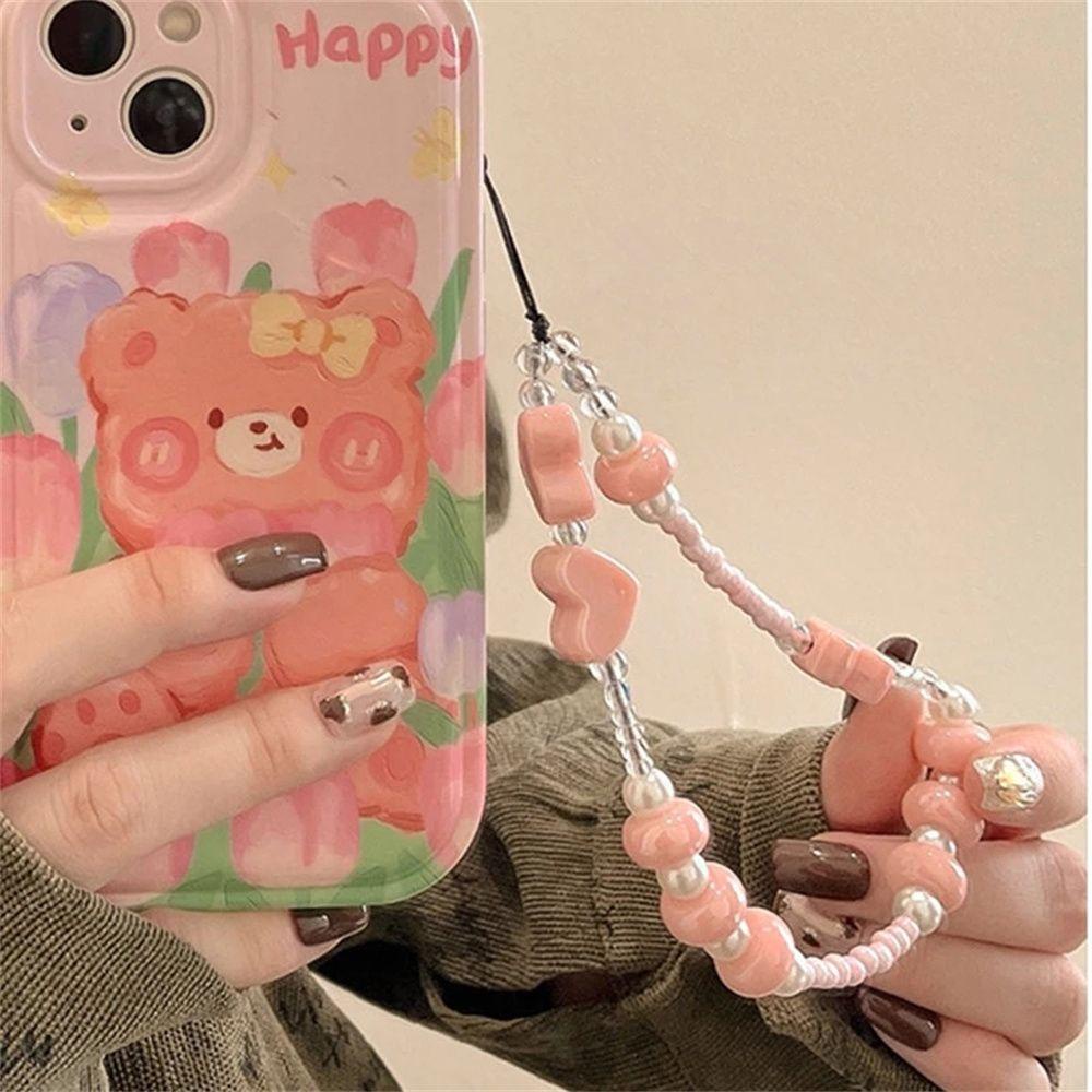 Patricia1 Rantai Ponsel Ikatan Simpul Manik-Manik Mutiara Manis Untuk Wanita Phone Charm Pink Bear Tali Hp