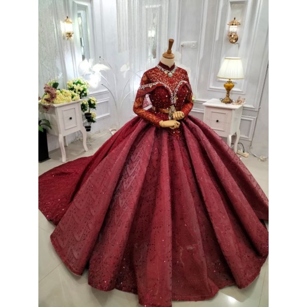 GAUN PENGANTIN MEWAH/GAUN WARNA MAROON