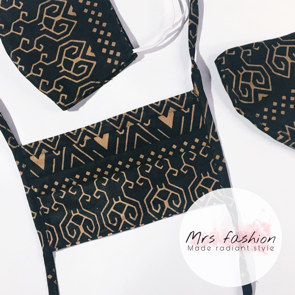 masker kain hijab motif Batik hitam tali earloop headloop duckbill mask 2 ply lucu