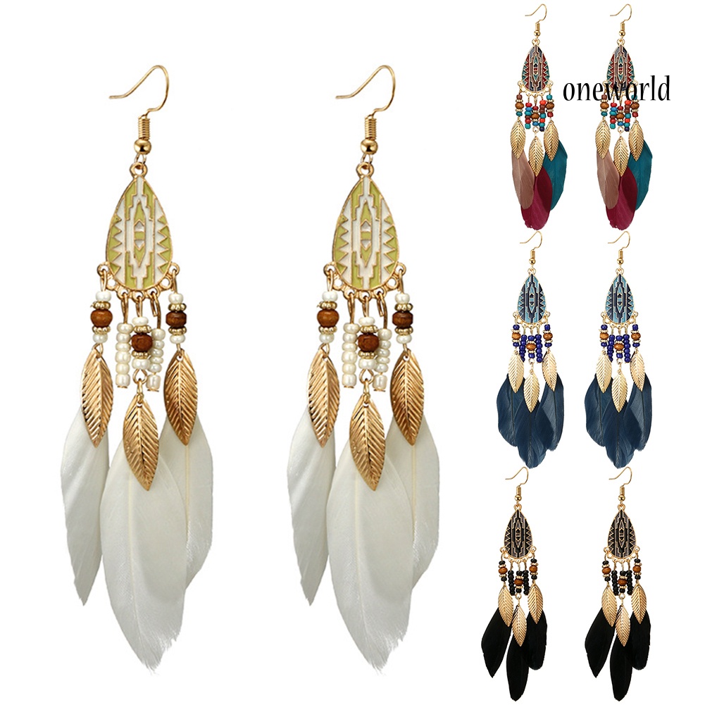 OW@ Ethnic Style Hook Women Earrings Long Feather Charm Jewelry Ornament Gift