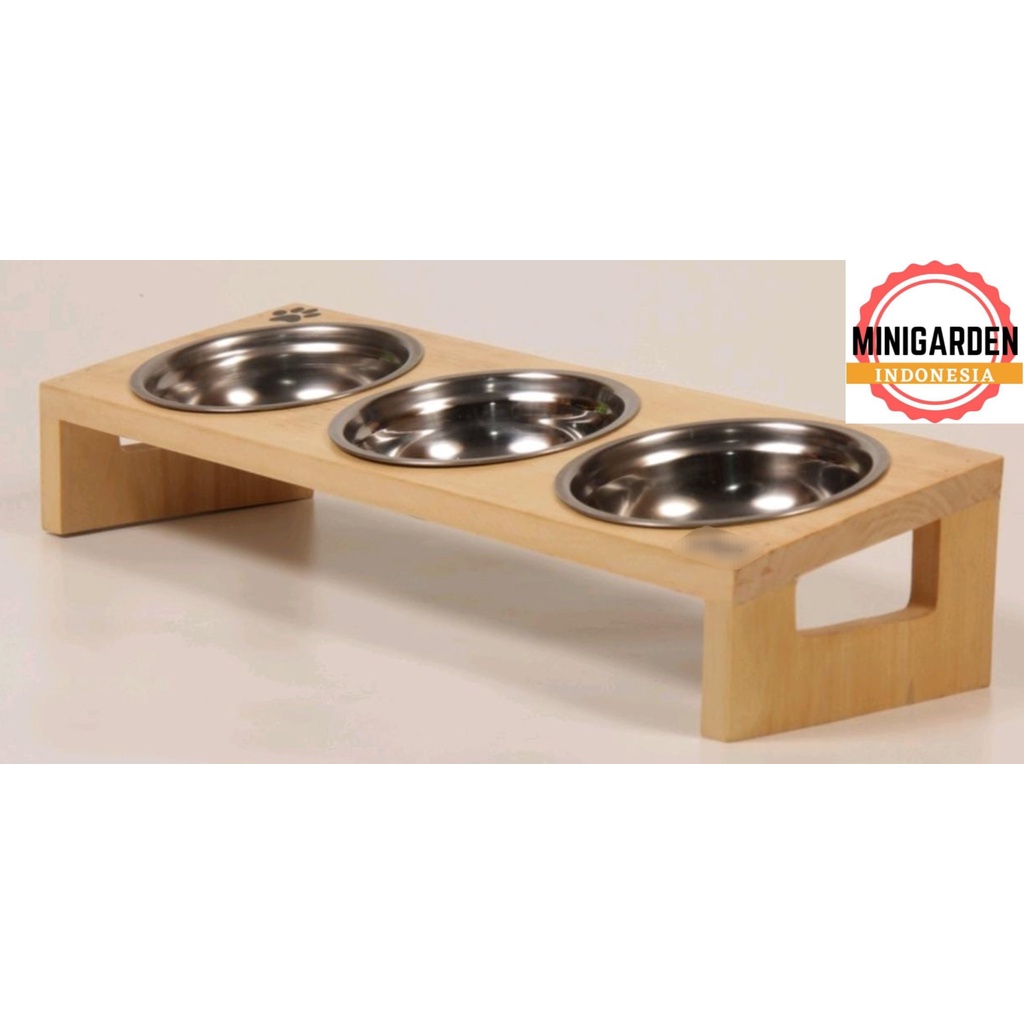 STANDING PET BOWL KAYU 3MANGKOK tempat makan minum hewan anjing kucing