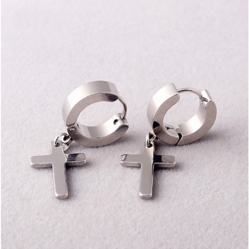 Men Punk Rock Earrings Stainless Steel Circle Round Cross Pendant Stud Earrings Hip Hop Earring Jewelry Gift