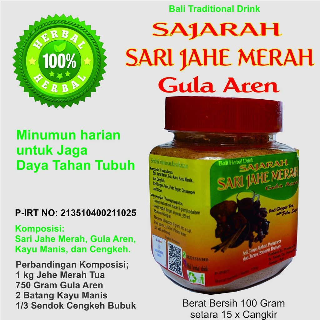 

Minuman Herbal Sari Jahe Merah Gulan Aren ASLI / Bubuk JAHE MERAH/ genger pouder / Serbuk Rempah JAHE, pelancar darah, obat Asam urat. oleh-oleh bali / loloh bali