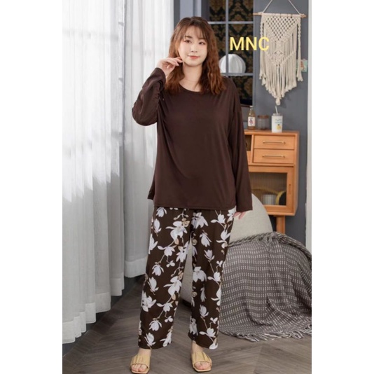 PIYAMA PP WANITA IMPORT SPANDEX|BIGSIZE|JUMBO/SET OVERSIZE/BAJU TIDUR lengan panjang-PP.SJ COKLAT BUNGA