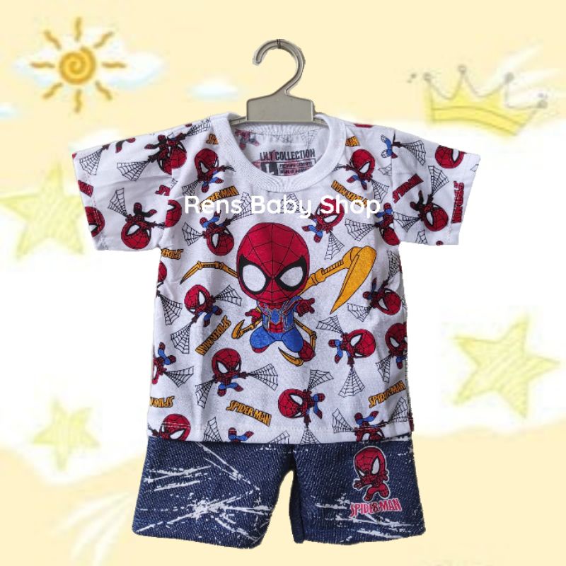 LL LILY SPIDERMAN Setelan baju katun celana jeans anak bayi mama papa, giraffe, dinosaurus, elmo