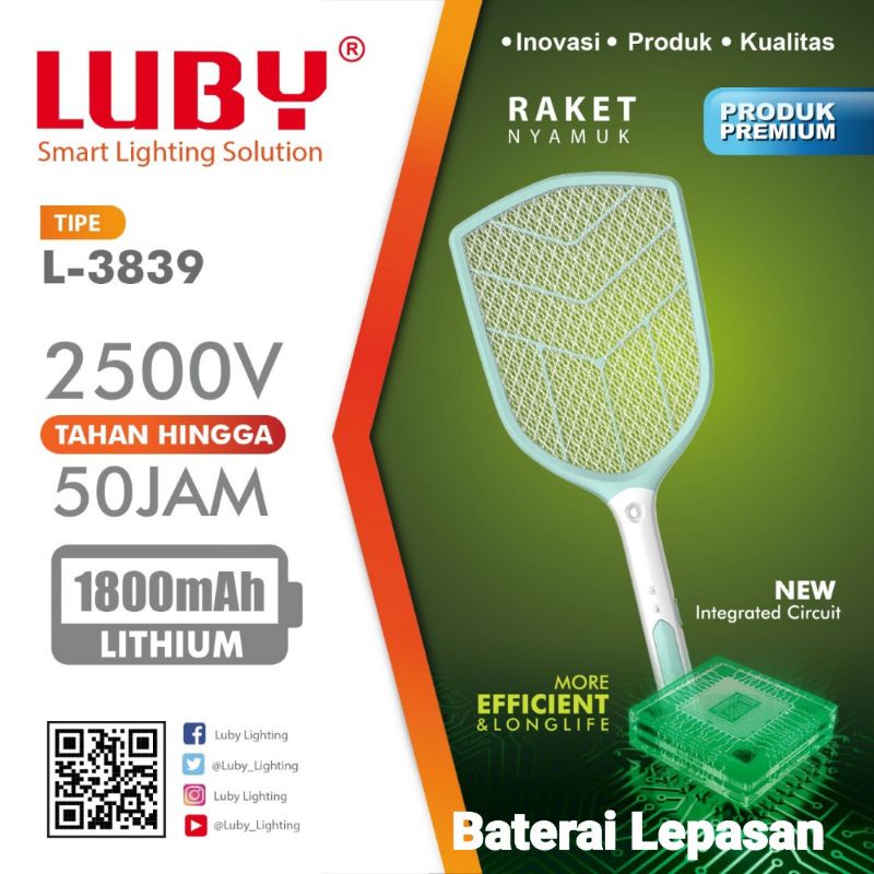 Raket Nyamuk cas Luby 3839 / 3838 / 3826A / 3853 Produk Original Baterei Litium lepasan+ kabel charge-