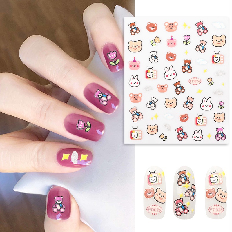 Stiker Kuku Motif Kartun Beruang 5D Untuk Dekorasi Manicure