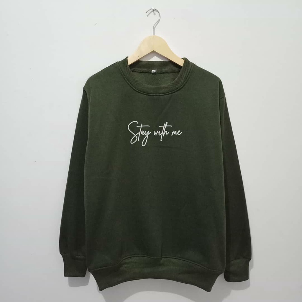 sweater tanpa kupluk pria xxl STAY WITH ME  warna hijau army crewneck oversize murah berkualitas