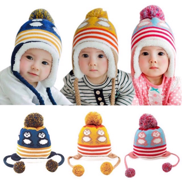 Topi Kupluk rajut Bayi Laki-laki / Perempuan Desain Pinguin untuk Musim Dingin baby knitted hat