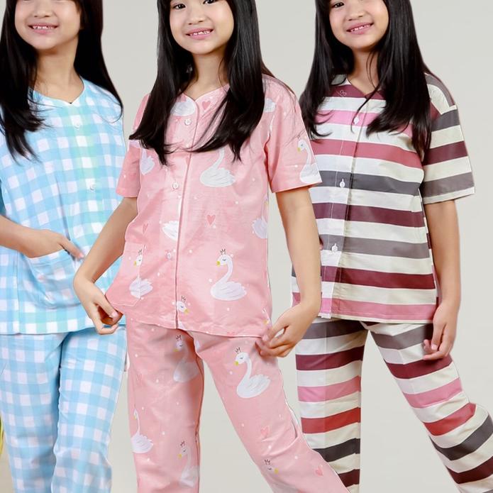 Ready Stok Set Baju Tidur/Piyama Anak Perempuan Laki Laki Katun Kerah Y Motif Garis Kotak Usia 1-15 Tahun 